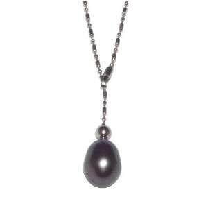    14K Solid White Gold Natural Black Pearl Necklace 