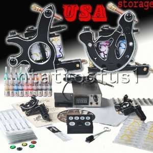 Tattoo Kit 2 Top Machine Gun 20 Color Ink Power Supply Needle Tip Grip 