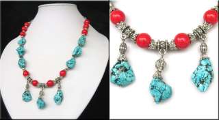 TIBETAN SILVER TURQUOISE CORAL BEADS NECKLACE  