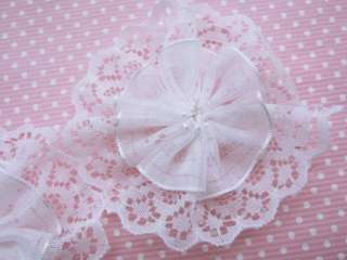 30 Organza Ruffle Ribbon on Lace 2 Flower White RF100  