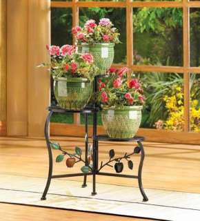 Wrought Iron Triple Plant Stand w/ Apple Leaf Design  