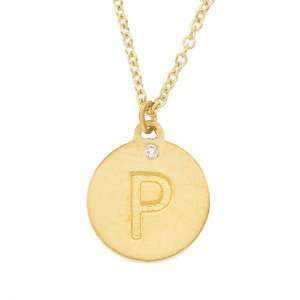   Yellow gold diamond initial letter P disc pendant necklace Jewelry