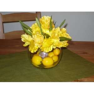  Yellow Silk Flowers with Lemons Decor on a Glass Vase 