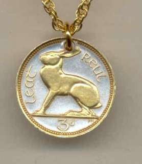 Gold on Silver Coin Ireland 3 pence Rabbit Necklace  