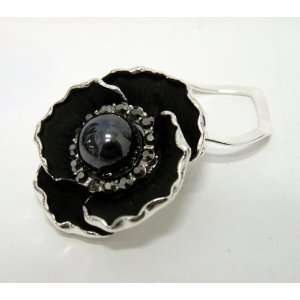 Designer Scarf Ring Gorgeous Black Rose w/Pearl Clip On Style Lady Pin 