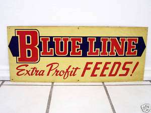 ANTIQUE VINTAGE BLUE LINE CHICKEN FEED FARM PROFIT SIGN  