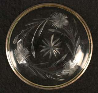 ANTIQUE WHEEL CUT GLASS CARD TRAY FLOWERS CRYSTAL W/ WHITING STERLING 