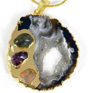 Geode Slice Pendant Necklace with 3 Stones / Crystals  