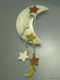   MEXICAN TAXCO 925 STERLING SILVER METALES CRESCENT MOON & STARS PIN