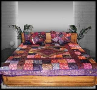 GORGEOUS HEAVILY BEADED 5 PC SARI BEDDING BEDSPREAD KG  