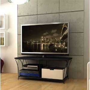 Flat Panel LCD TV Stand with Curved Metallic Frame and Black Shelves 