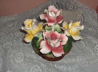 Vintage Capodimonte Porcelain China Pink & Yellow Roses Floral Bouquet 