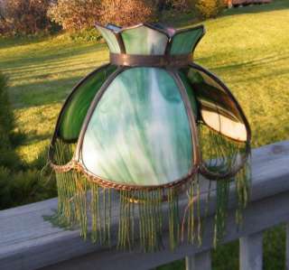   ANTIQUE SLAG STAINED GLASS HANGING LAMP SHADE FRAME WITH FRINGE  
