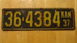 VINTAGE ANTIQUE 1937 KANSAS PASSENGER CAR LICENSE PLATE  