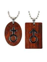 Stainless Steel Natural Redwood Couples Men and Women Symbol Pendant 