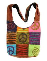 Boho Bohemian Peace Signs Spiral Patch Sling Crossbody Monk Bag Purse 