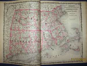 Massachusetts & Connecticut MAP, Johnsons Atlas 1864  