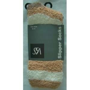 Off 5th   SLIPPER SOCKS   Sable Cream Tan Brown Striped   One Size 9 