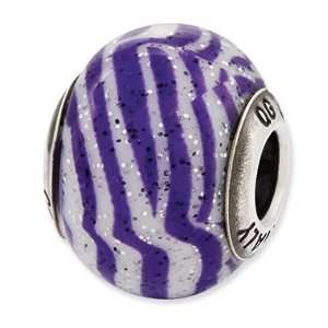   Silver Reflections Italian Purple & White Stripes Glass Bead Jewelry