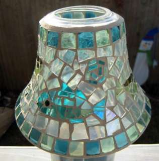 Fish Mosaic Aqua Blue Seashells Ocean Candle Jar Shade Glass Yankee 