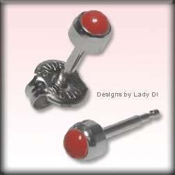Silver With Red Coral Gem Studs Ear Piercing Earrings  