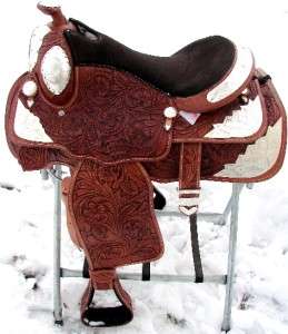 16 MEDIUM OIL LEATHER WESTERN horse SADDLE TRAIL BROWN LOADED SILVER 