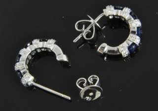18K White Gold Sapphire Diamond Semi Hoop Post Earrings  