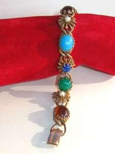 Vtg Faux Semi Precious Stone & Antiqued Bracelet  