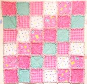 Handmade Baby Girl Pink Green Rag Quilt / Blanket Gift  