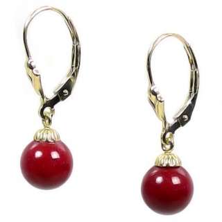 8mm Red Coral Ball Leverback Earrings 14K Yellow Gold  