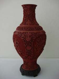 VINTAGE CINNABAR RED LACQUER ENGRAVED LARGE VASE 16  