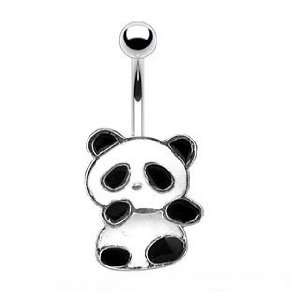 Stainless Steel Black and White Panda Belly Button Ring Navel Dangle 