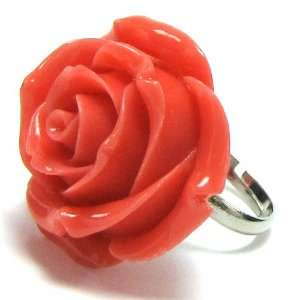 26mm orange pink coral carved rose flower adjustable ring 
