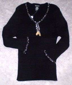 NWT BLACK SWEATER SPARKLY GOLD SILVER PEARL SEQUINS ~ M  
