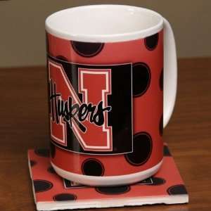   Cornhuskers Ceramic Polka Dot Coffee Mug and Coaster
