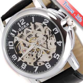   Mens Auto Mechanical Watch Black Leather Silver Skeleton New  