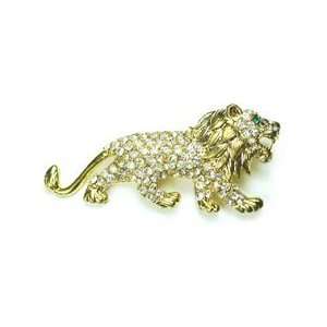   Clear Austrian Rhinestone Lion Gold Tone Brooch Pin Jewelry