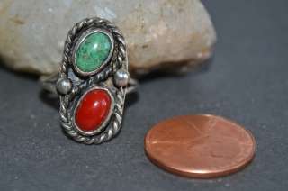 Vintage Navajo Sterling Green Turquoise & Coral Ring  