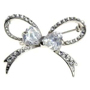  Silvertone Small 1.5 Clear Crystal Open Bow Brooch Pin 