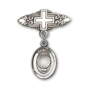   Silver Baby Badge with Baptism Charm and Badge Pin with Cross Jewelry