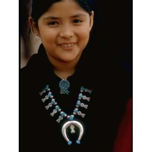  Navajo Child Modeling Turquoise Squash Blossom Necklace 
