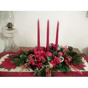   Poinsettia and Fruit Table Candle Centerpiece