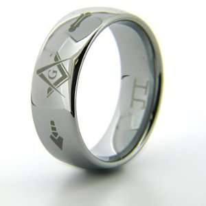   SIZE 8.0 8mm Domed Tungsten Masonic Ring G Compass, Plumb & Trowel