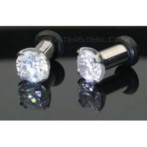    PAIR 6g 6 Gauge LARGE Prong CLEAR CZ Ear Plugs Tunnels Jewelry